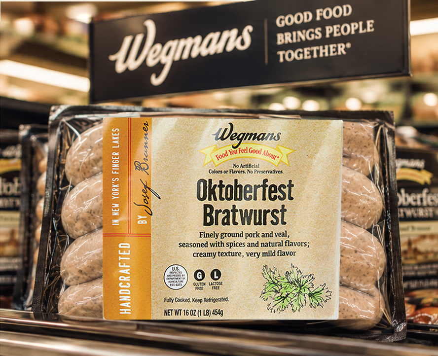 Wegmans Oktoberfest Bratwurst packaging with the words By Josef Brunner