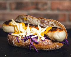 Prepared Swiss Style Bratwurst sandwich