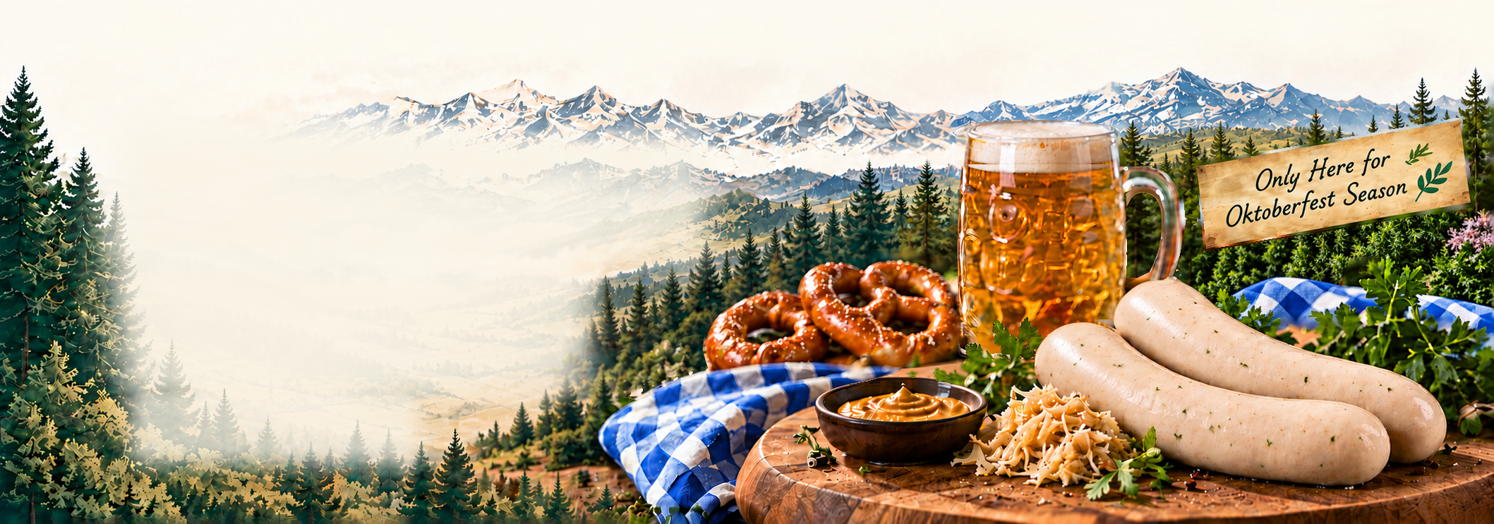 Oktoberfest bratwurst with mustard, sauerkraut, pretzels and beer against an Alpine landscape. A sign reads Only Here for Oktoberfest Season.