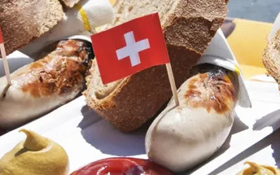 Swiss-style bratwurst with Swiss flags