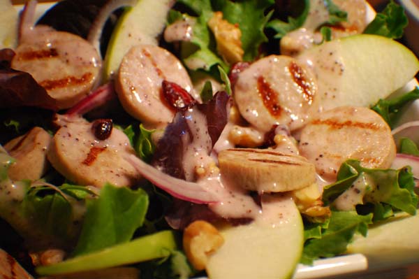 Apple sausage salad with poppy seed dressing