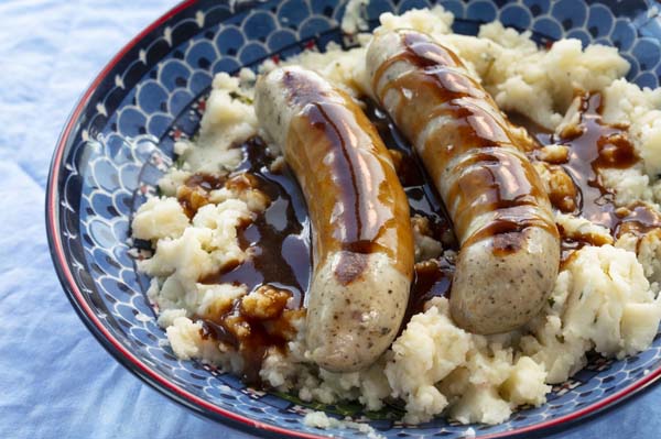 Bangers and mash with onion gravy