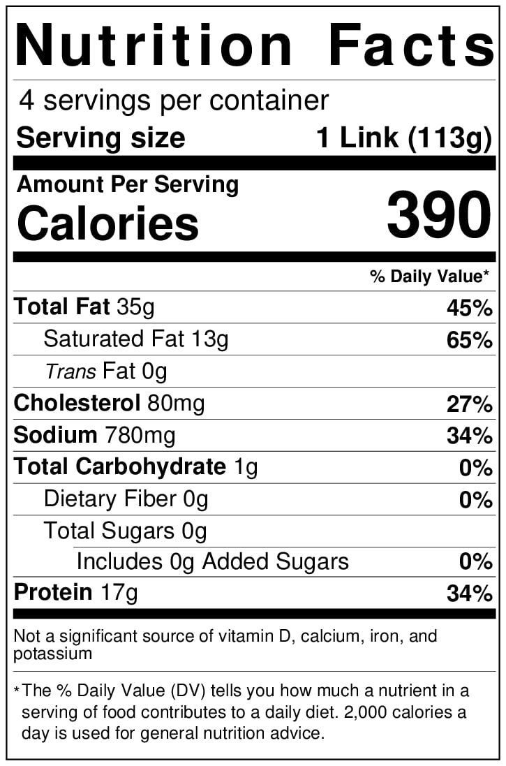 Jalapeno Cheddar Bratwurst — Nutrition facts