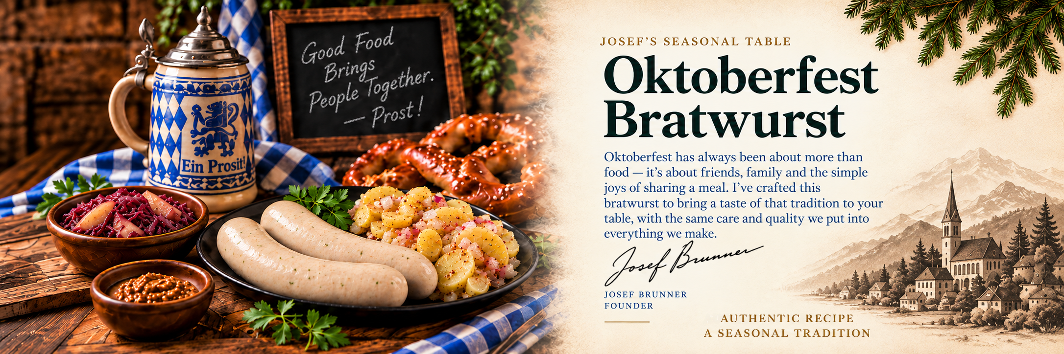 Oktoberfest bratwurst meal beside an illustrated Bavarian castle and Josef’s signature.